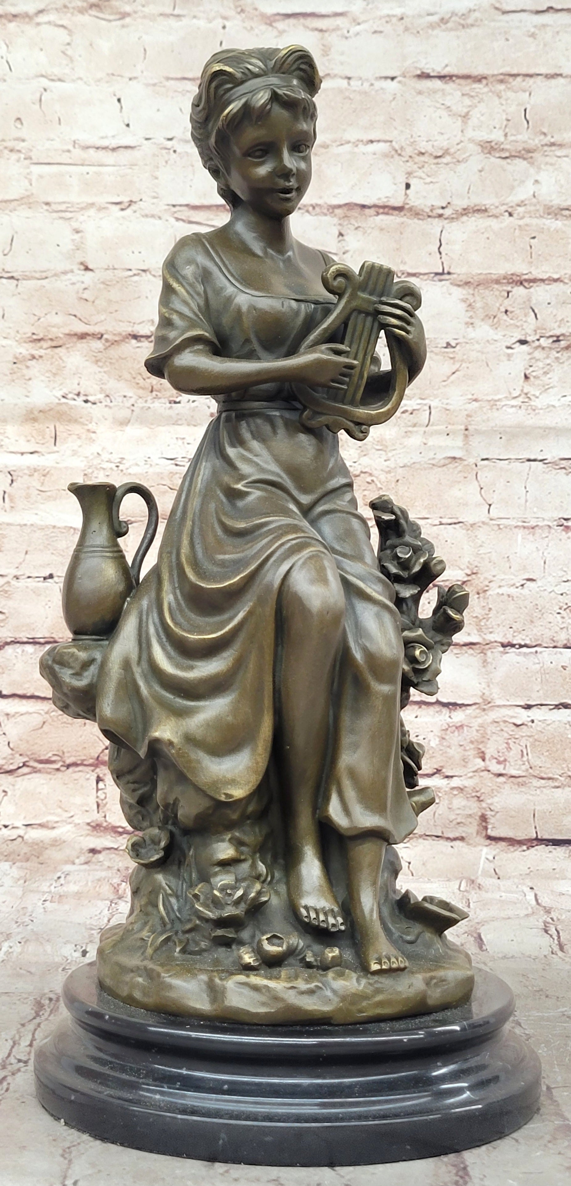 Young Girl w/ Lyre Harp Bronze Sculpture by Milo