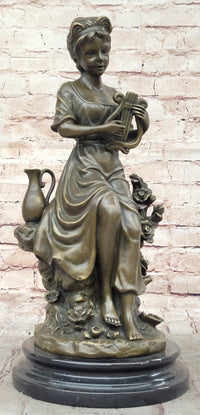 Young Girl w/ Lyre Harp Bronze Sculpture by Milo