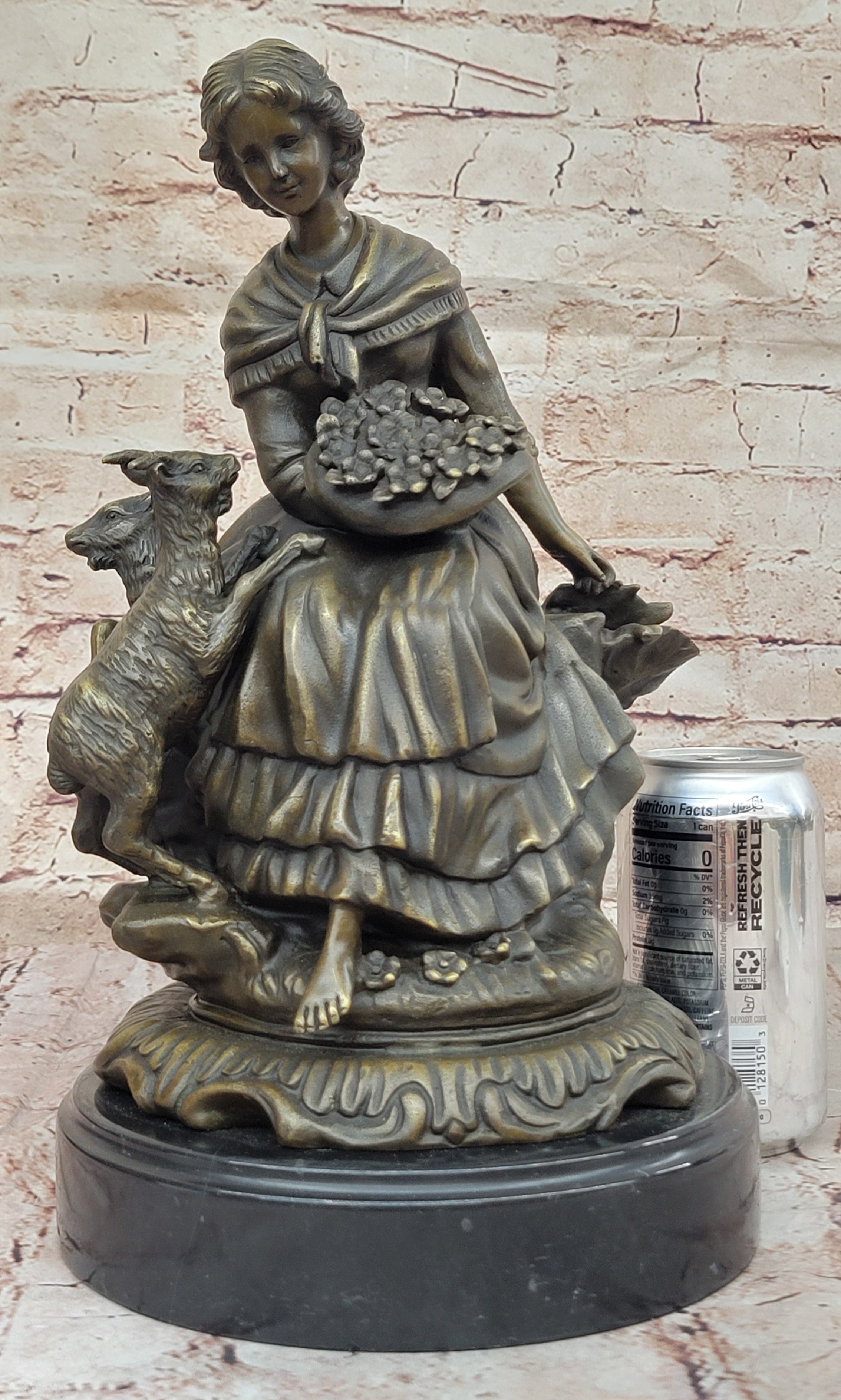 Bronze Sculpture of Young Girl with Basket and Lamb