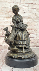 Bronze Sculpture of Young Girl with Basket and Lamb