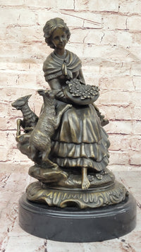 Bronze Sculpture of Young Girl with Basket and Lamb