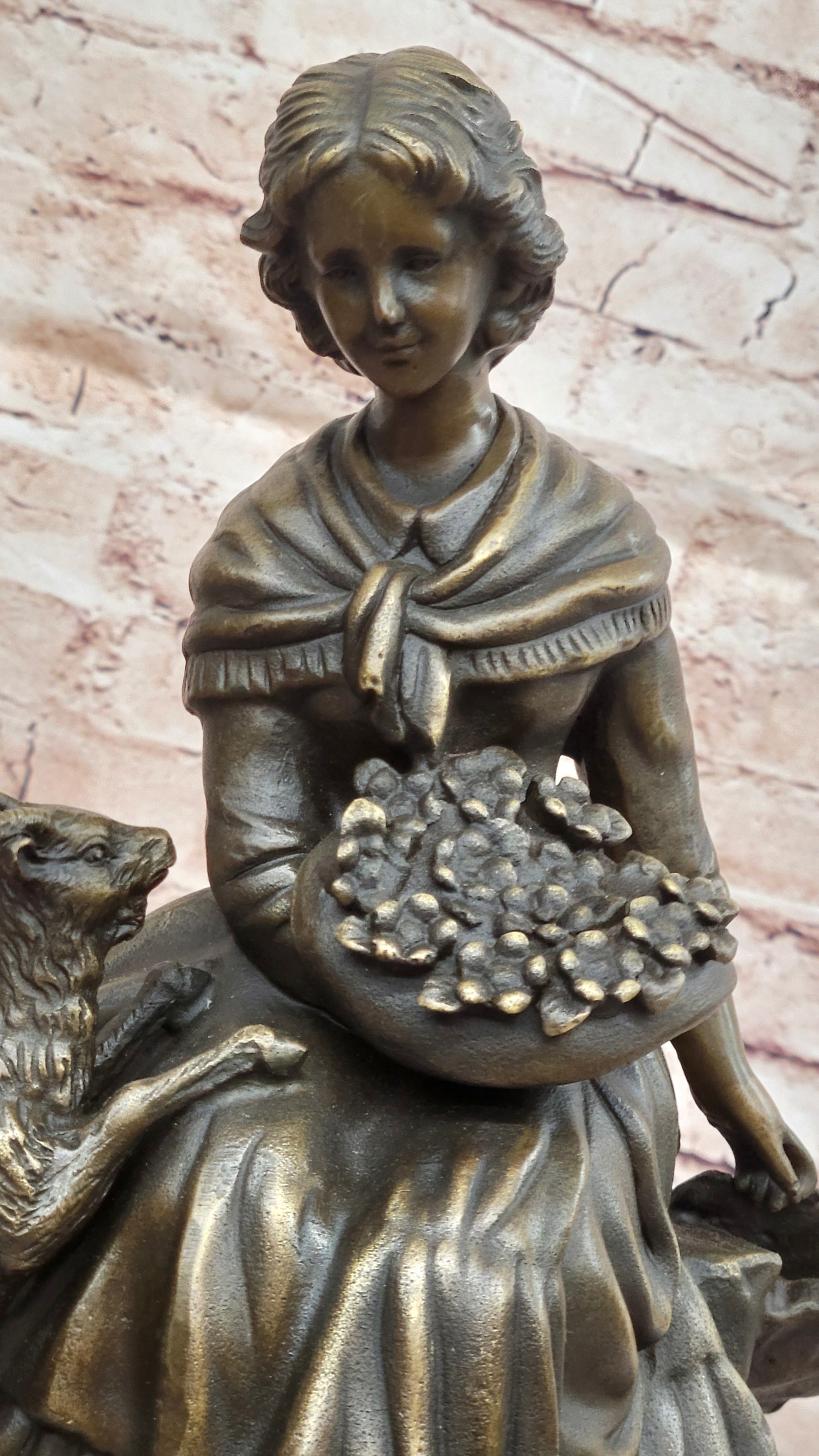 Bronze Sculpture of Young Girl with Basket and Lamb