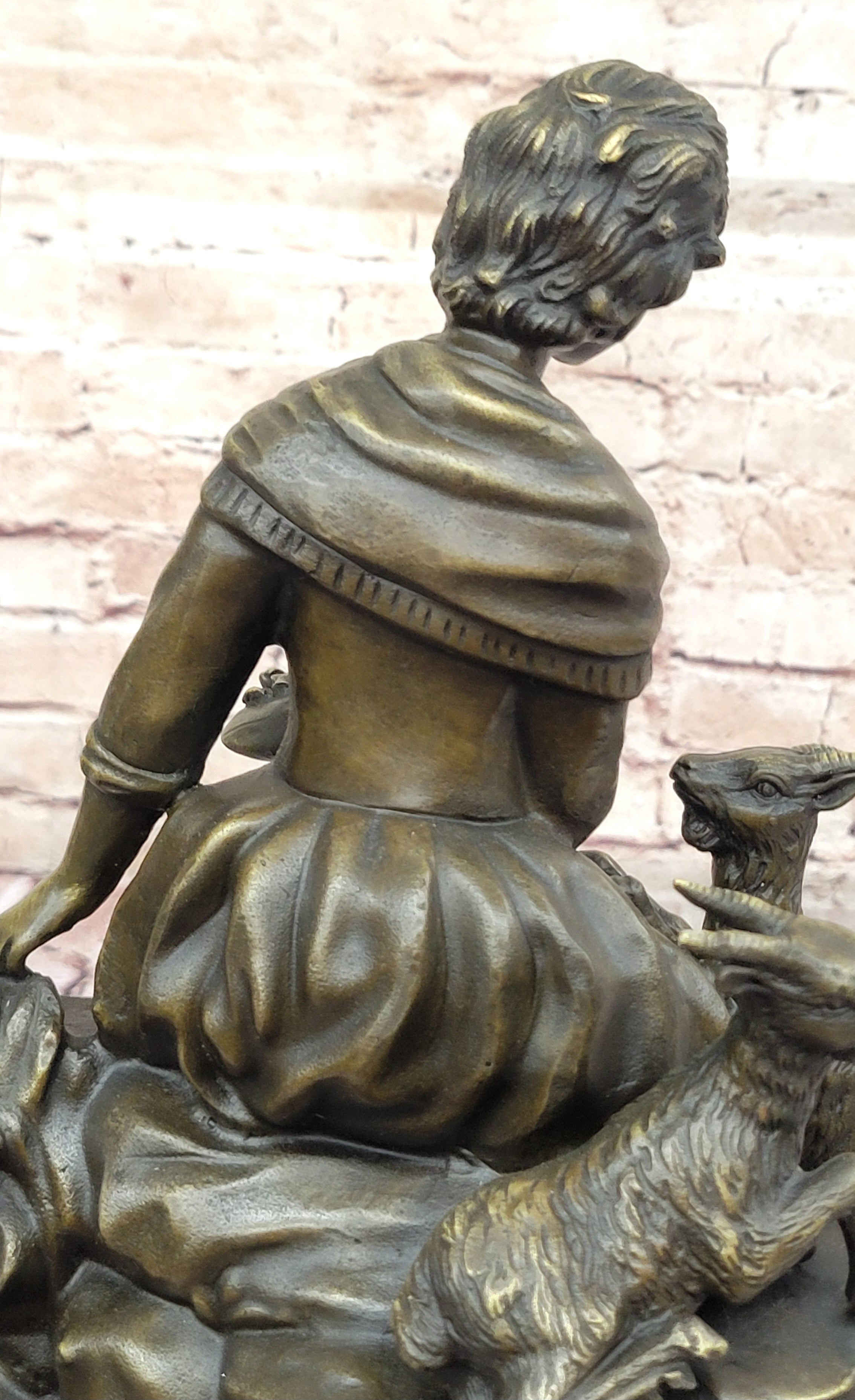 Bronze Sculpture of Young Girl with Basket and Lamb