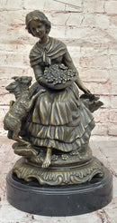 Bronze Sculpture of Young Girl with Basket and Lamb