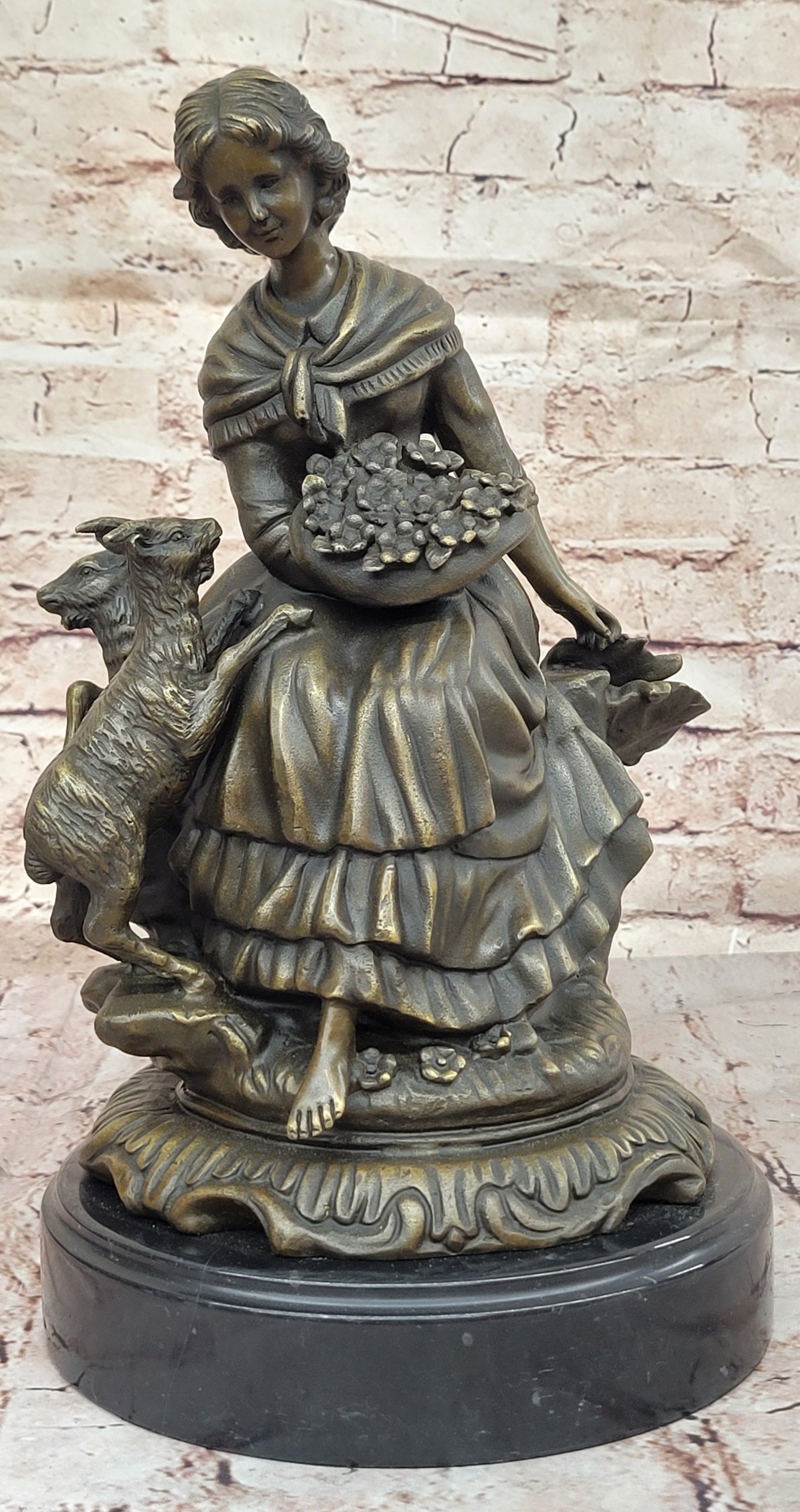 Bronze Sculpture of Young Girl with Basket and Lamb