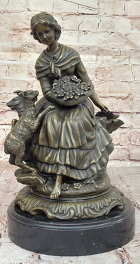 Bronze Sculpture of Young Girl with Basket and Lamb