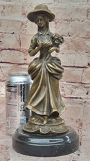 Vintage Bronze Sculpture of Victorian Lady Holding Flowers