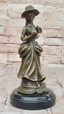 Vintage Bronze Sculpture of Victorian Lady Holding Flowers