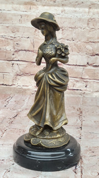 Vintage Bronze Sculpture of Victorian Lady Holding Flowers