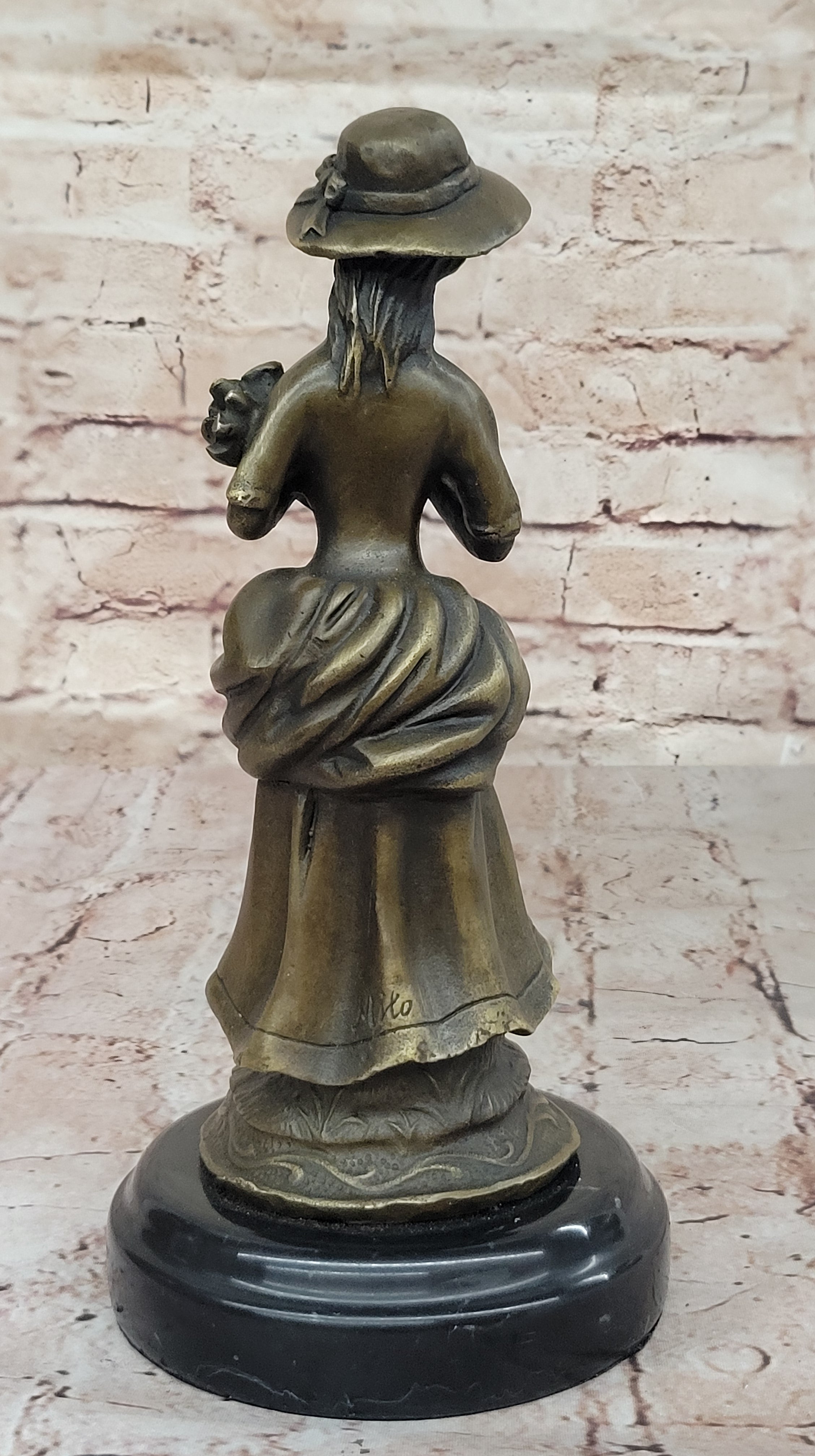 Vintage Bronze Sculpture of Victorian Lady Holding Flowers