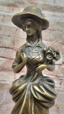 Vintage Bronze Sculpture of Victorian Lady Holding Flowers