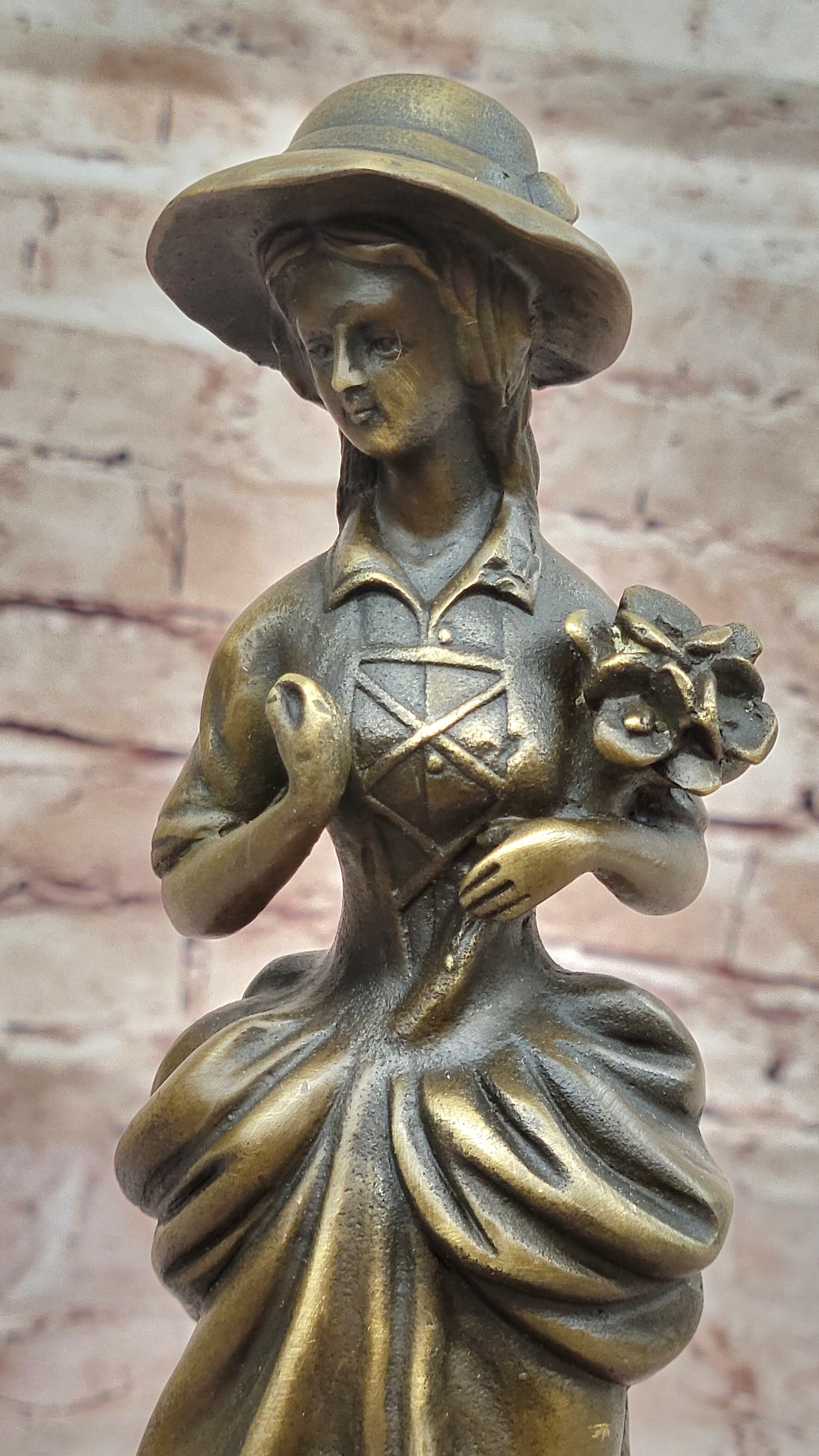 Vintage Bronze Sculpture of Victorian Lady Holding Flowers