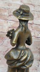 Vintage Bronze Sculpture of Victorian Lady Holding Flowers