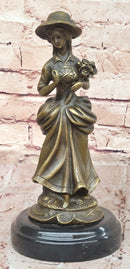 Vintage Bronze Sculpture of Victorian Lady Holding Flowers