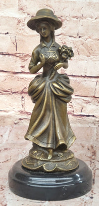 Vintage Bronze Sculpture of Victorian Lady Holding Flowers