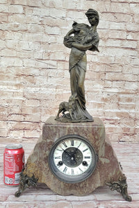 Bronze & Marble French Clock Art Deco Sculpture Moreau