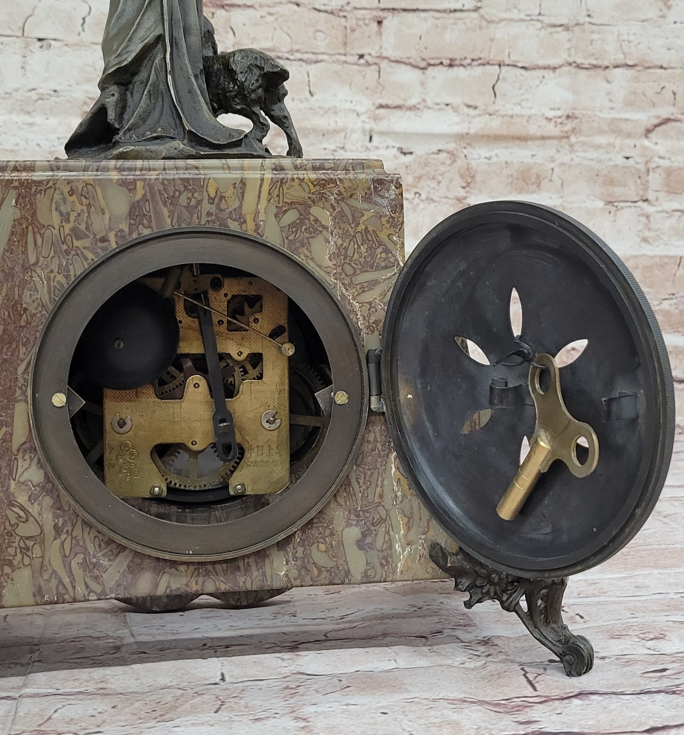 Bronze & Marble French Clock Art Deco Sculpture Moreau