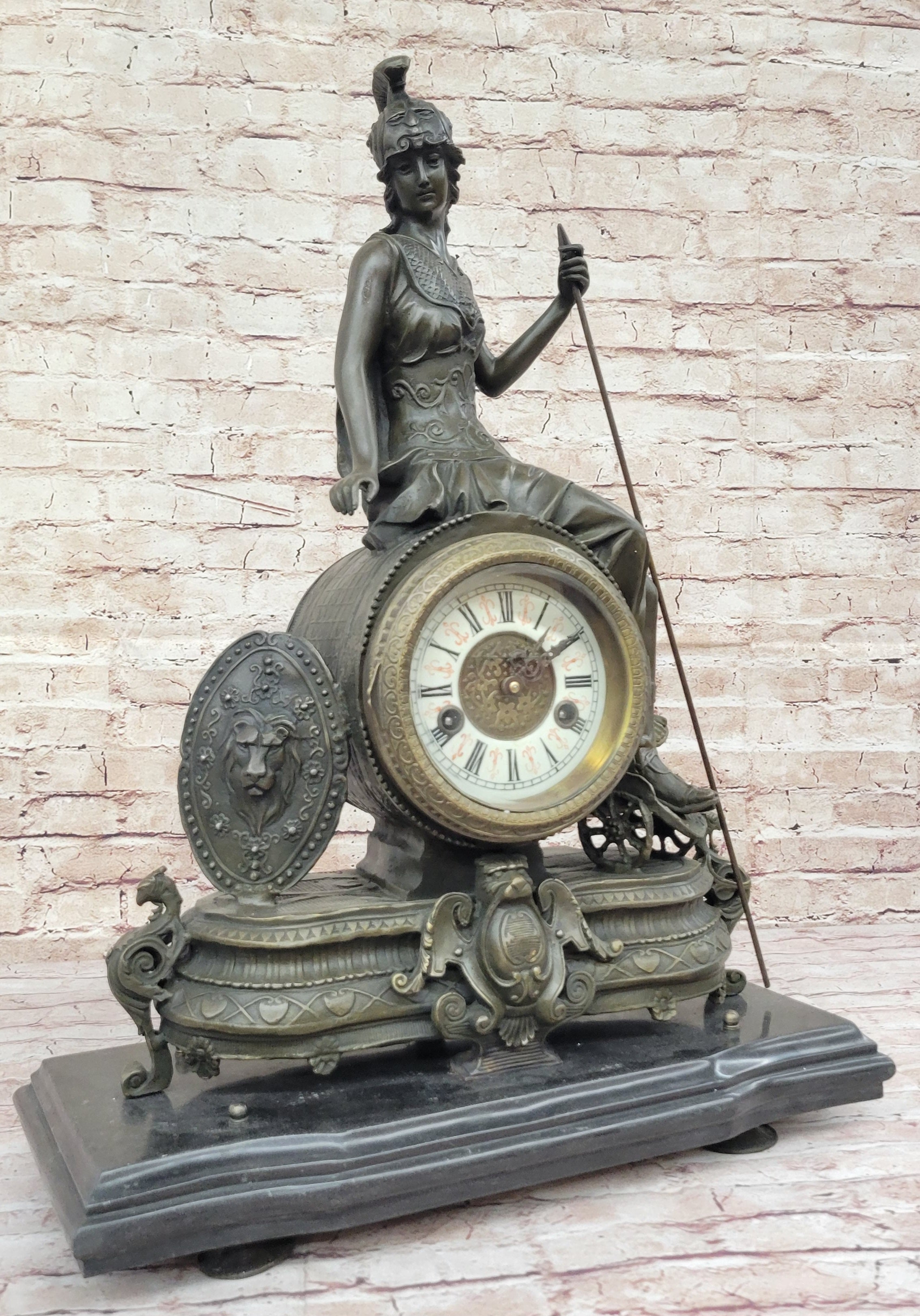 Athena Minerva Antique Style Bronze Metal Clock Sculpture