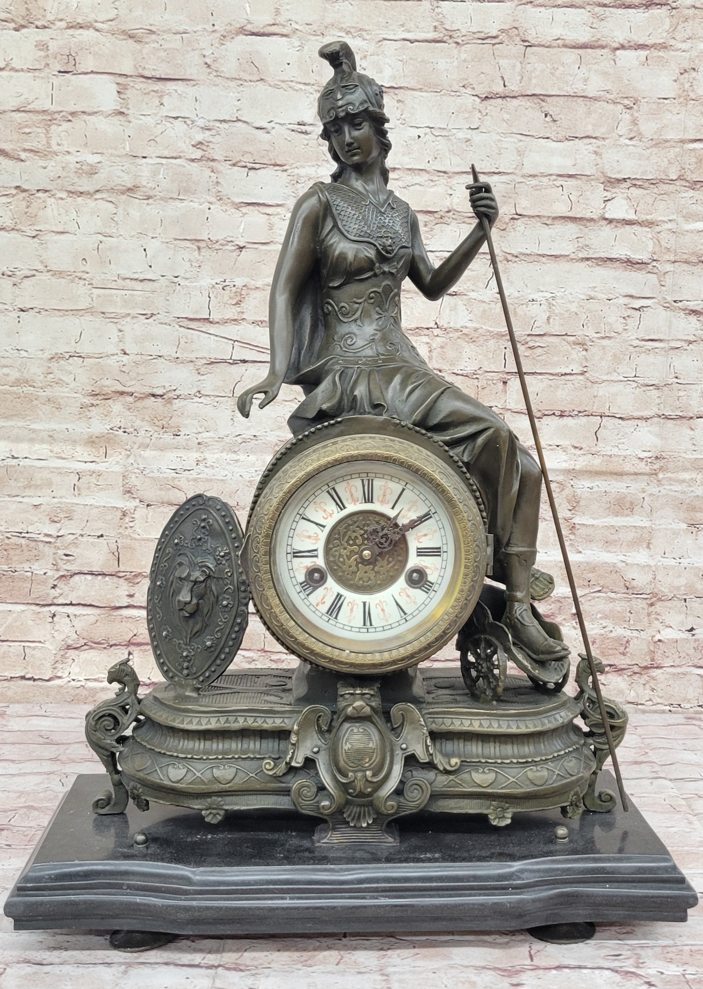 Athena Minerva Antique Style Bronze Metal Clock Sculpture