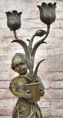 Hot Cast Artwork by Vitaleh Young Girl Candle Holder Bronze