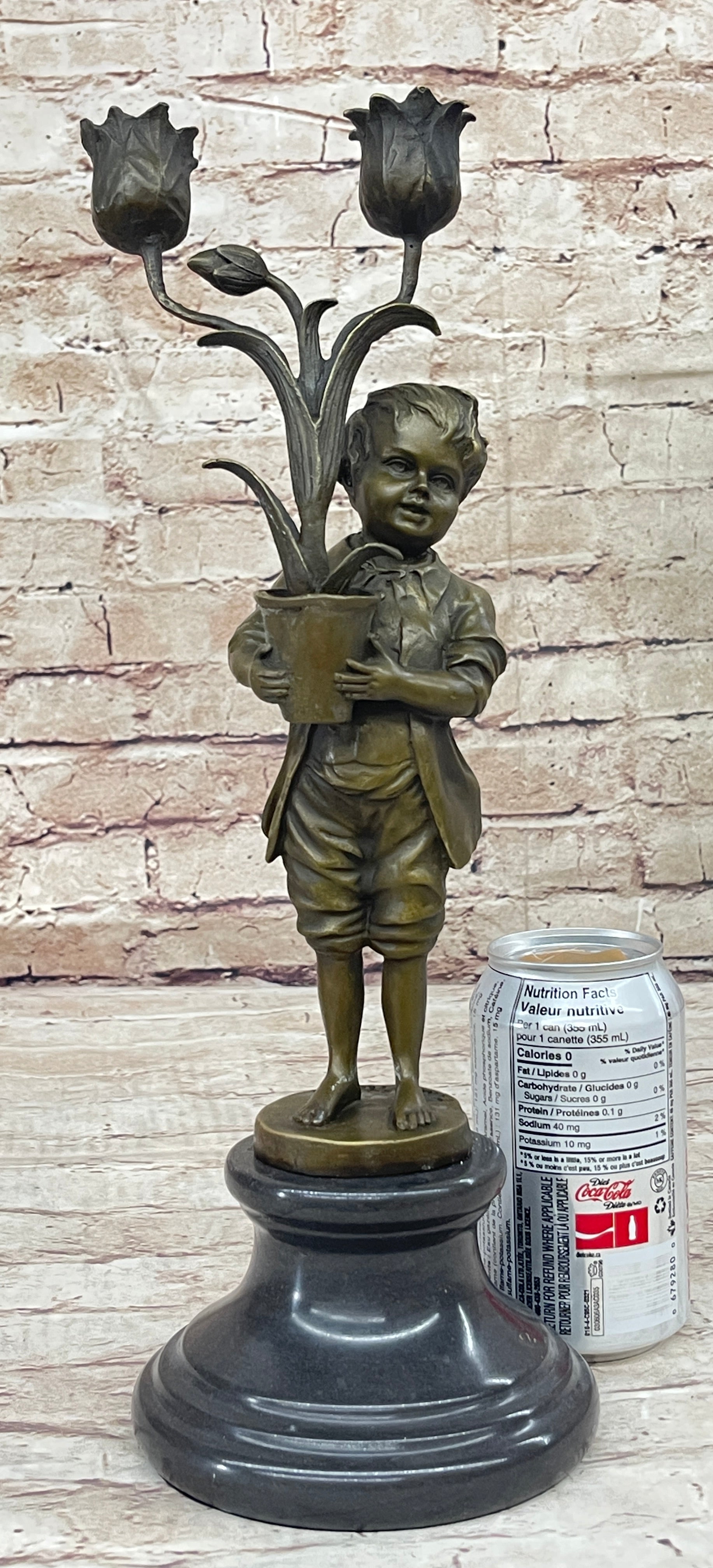 Bronze Boy Holding Flower Pot Candelabra Candle Holder