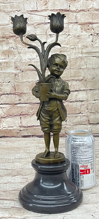 Bronze Boy Holding Flower Pot Candelabra Candle Holder