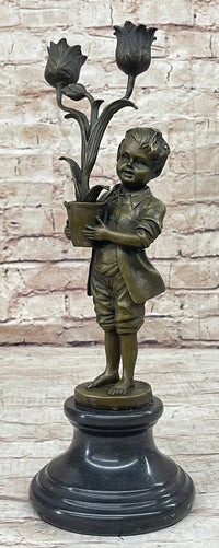 Bronze Boy Holding Flower Pot Candelabra Candle Holder