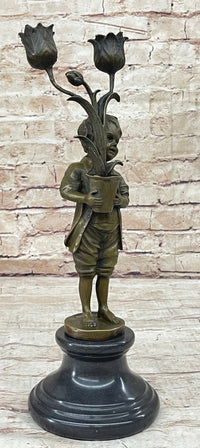 Bronze Boy Holding Flower Pot Candelabra Candle Holder