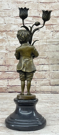 Bronze Boy Holding Flower Pot Candelabra Candle Holder