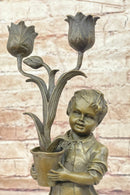 Bronze Boy Holding Flower Pot Candelabra Candle Holder