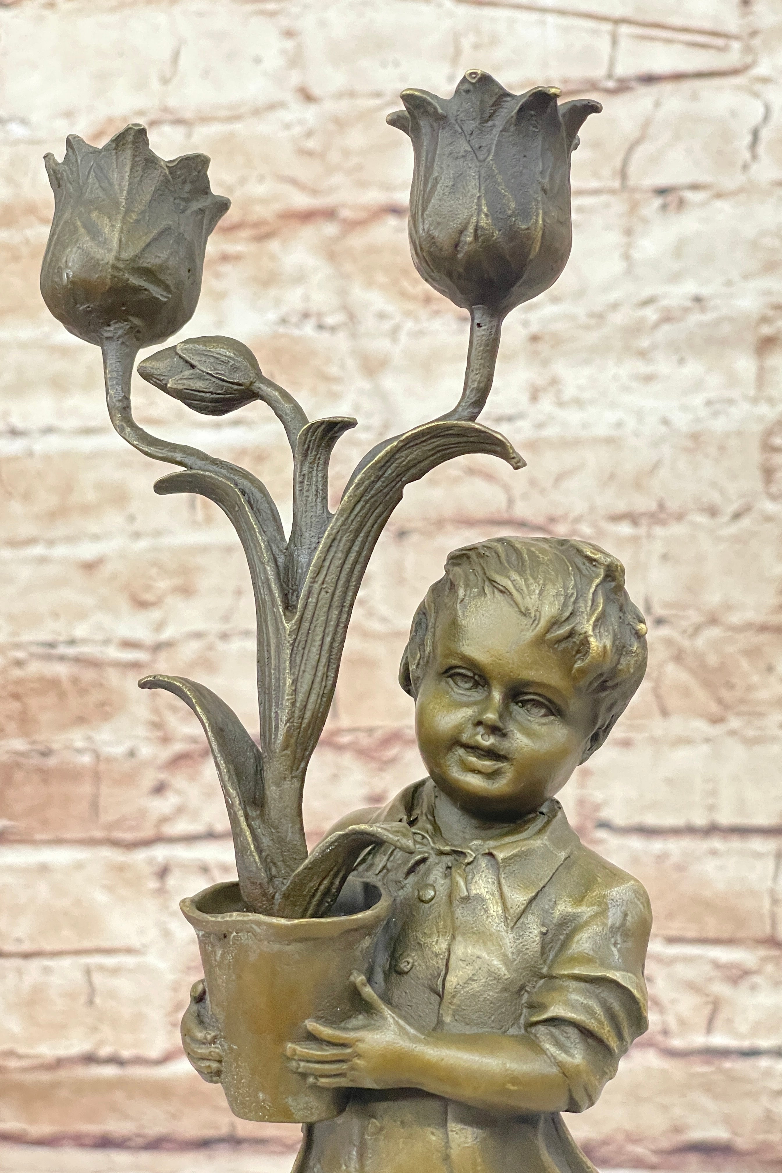 Bronze Boy Holding Flower Pot Candelabra Candle Holder
