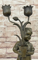 Bronze Boy Holding Flower Pot Candelabra Candle Holder