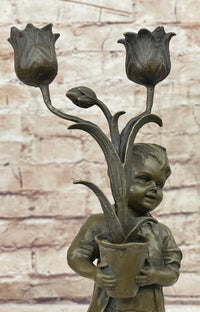 Bronze Boy Holding Flower Pot Candelabra Candle Holder