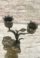 Bronze Boy Holding Flower Pot Candelabra Candle Holder