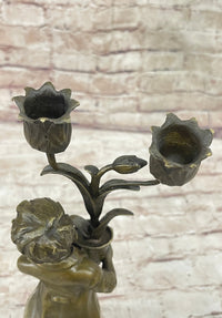 Bronze Boy Holding Flower Pot Candelabra Candle Holder