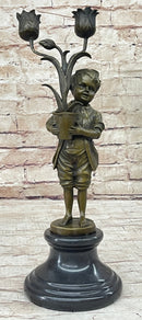 Bronze Boy Holding Flower Pot Candelabra Candle Holder