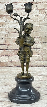 Bronze Boy Holding Flower Pot Candelabra Candle Holder