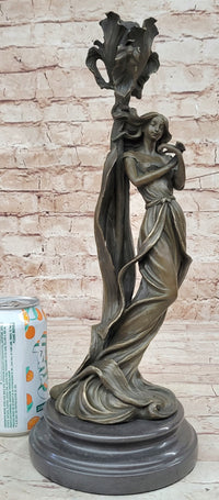 Art Nouveau Bronze Romantic Lady Candle Holder Signed Milo