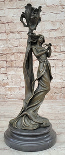 Art Nouveau Bronze Romantic Lady Candle Holder Signed Milo