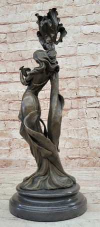 Art Nouveau Bronze Romantic Lady Candle Holder Signed Milo