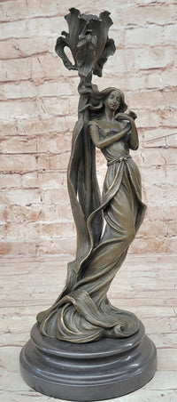 Art Nouveau Bronze Romantic Lady Candle Holder Signed Milo
