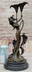 Tulip Young Girl Candlestick Bronze Art Deco Candleholder