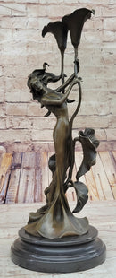 Tulip Young Girl Candlestick Bronze Art Deco Candleholder