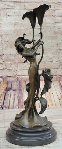 Tulip Young Girl Candlestick Bronze Art Deco Candleholder