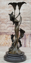 Tulip Young Girl Candlestick Bronze Art Deco Candleholder