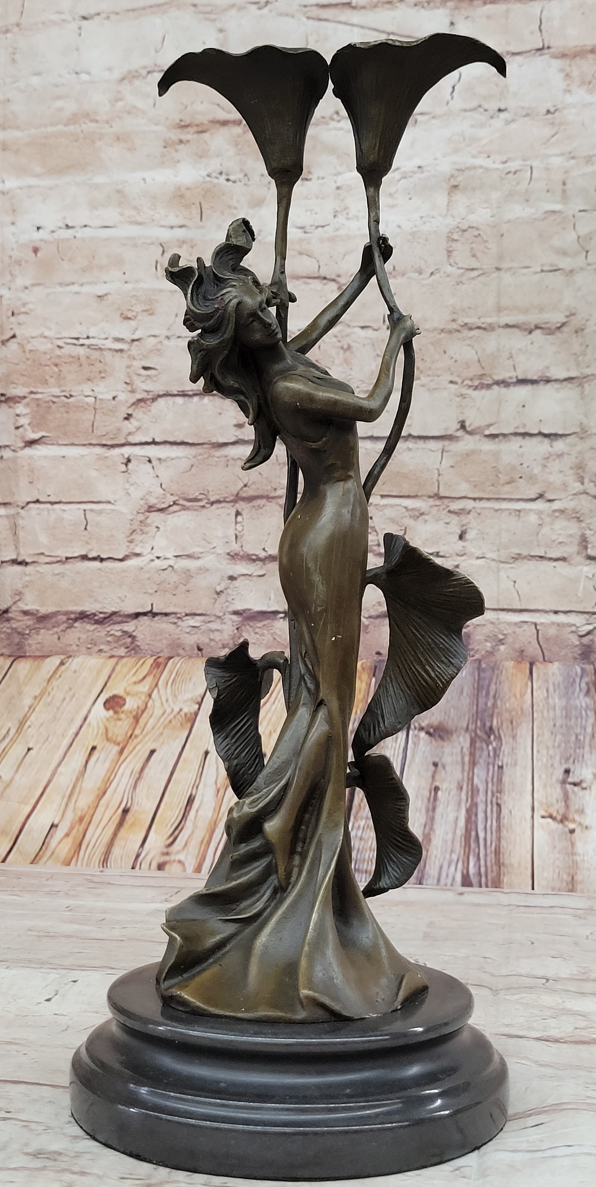 Tulip Young Girl Candlestick Bronze Art Deco Candleholder