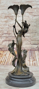 Tulip Young Girl Candlestick Bronze Art Deco Candleholder