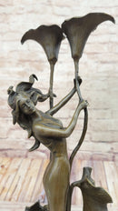 Tulip Young Girl Candlestick Bronze Art Deco Candleholder