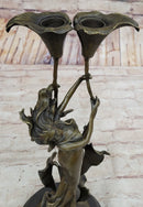 Tulip Young Girl Candlestick Bronze Art Deco Candleholder