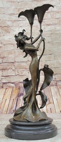 Tulip Young Girl Candlestick Bronze Art Deco Candleholder